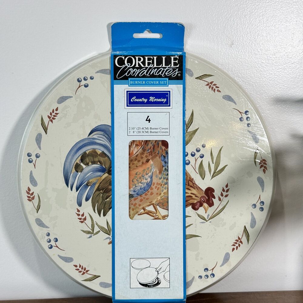 Corelle Coordinates Country Morning Rooster Hen Stove Burner Covers Set 4 New 8"